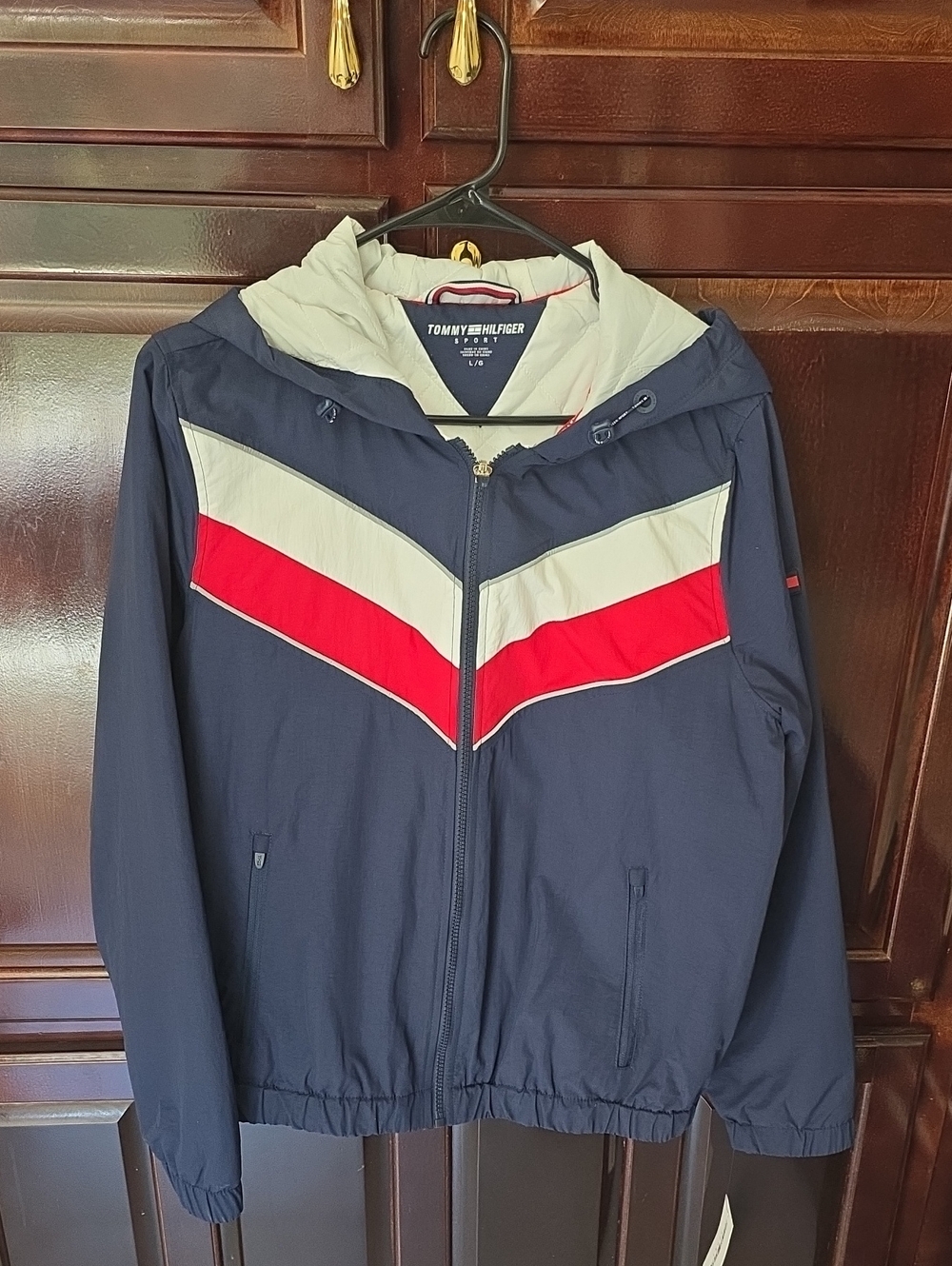 Tommy Hilfiger Navy Windbreaker Jacket with White & Red Chevron